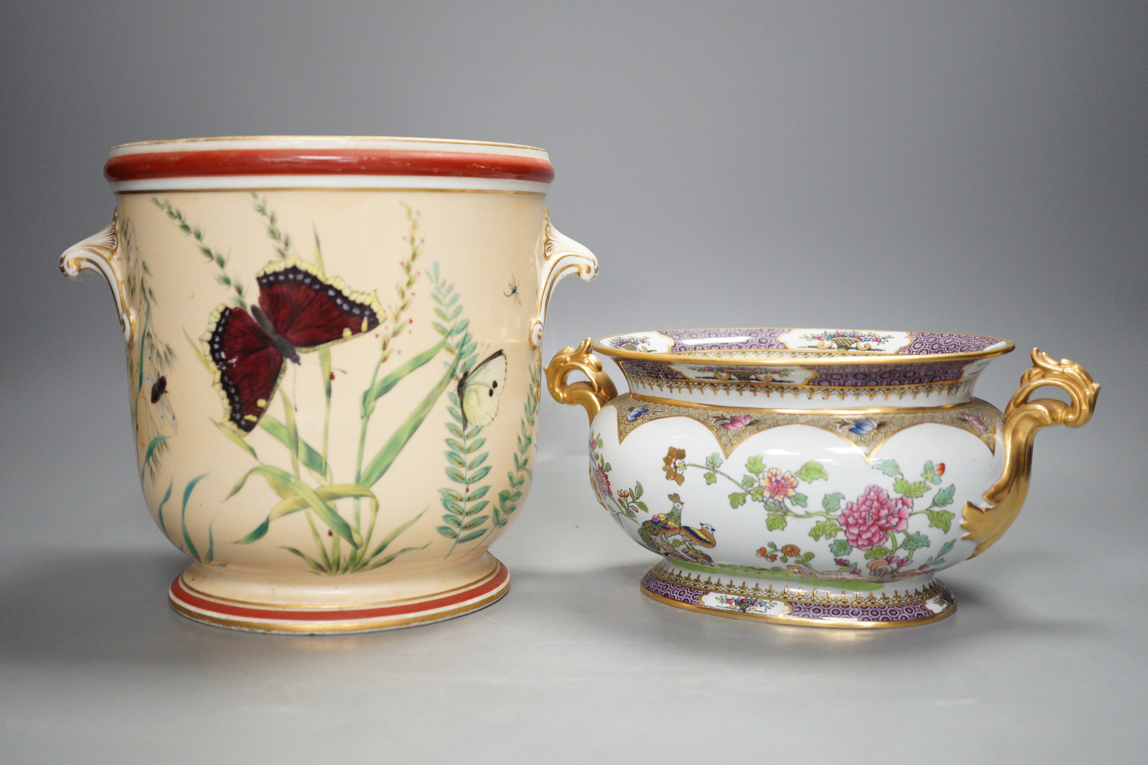 A Paris porcelain Aesthetic style wine cooler, late 19th century and a Copeland Spode small tureen, tallest 18cm